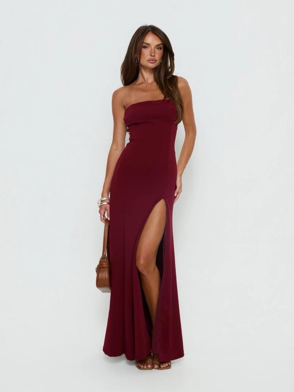 Princess Polly Strapless Burgundy High-Slit Maxi Dress